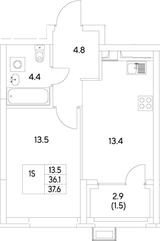 Планировка — Стадиум, 1-комн., 36 м²