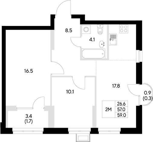 Планировка — Стадиум, 2-комн., 57 м²