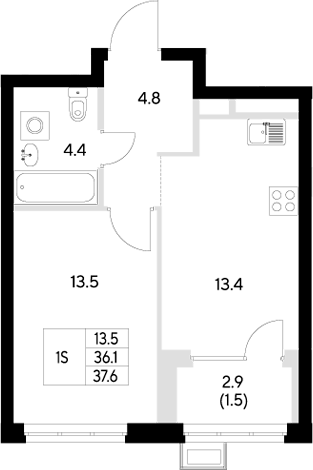 Планировка — Стадиум, 1-комн., 36 м²