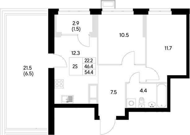 Планировка — Стадиум, 2-комн., 46 м²
