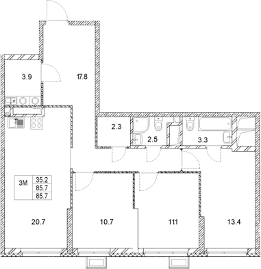 Планировка — Стадиум, 3-комн., 86 м²