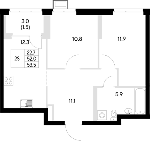 Планировка — Стадиум, 2-комн., 52 м²