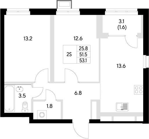 Планировка — Стадиум, 2-комн., 52 м²