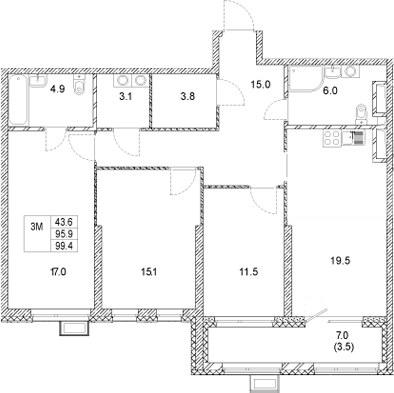 Планировка — Стадиум, 3-комн., 96 м²