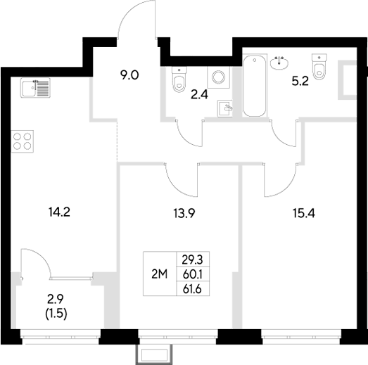 Планировка — Стадиум, 2-комн., 60 м²