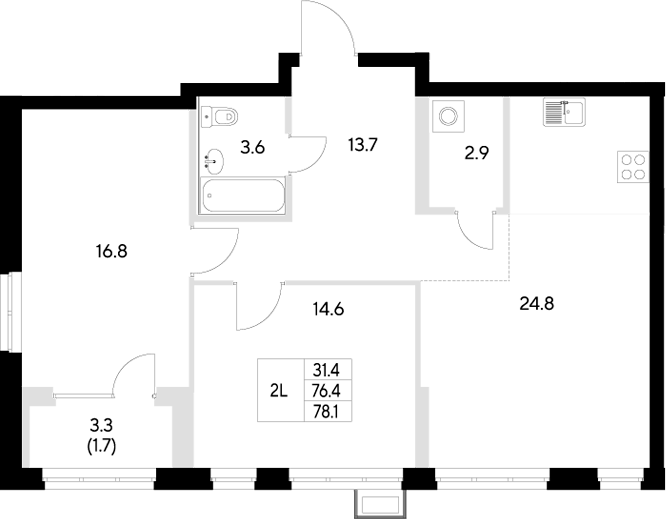 Планировка — Стадиум, 2-комн., 76 м²