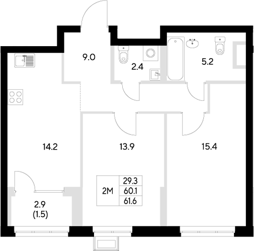 Планировка — Стадиум, 2-комн., 60 м²