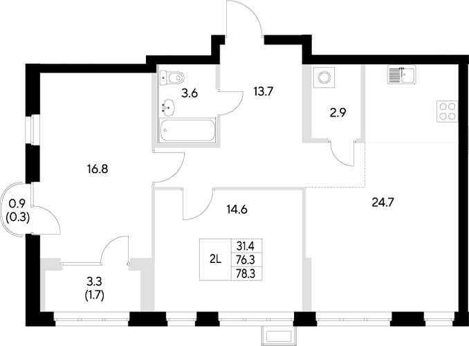 Планировка — Стадиум, 2-комн., 76 м²