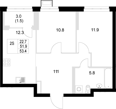 Планировка — Стадиум, 2-комн., 52 м²