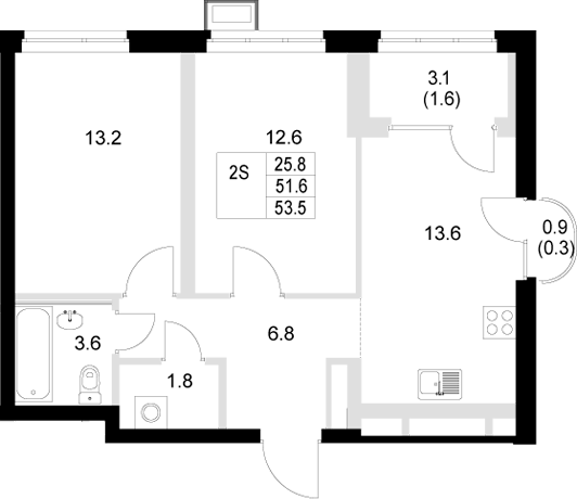 Планировка — Стадиум, 2-комн., 52 м²