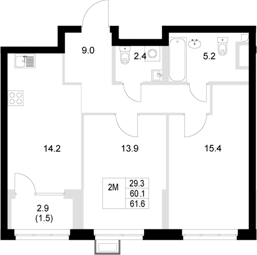 Планировка — Стадиум, 2-комн., 60 м²