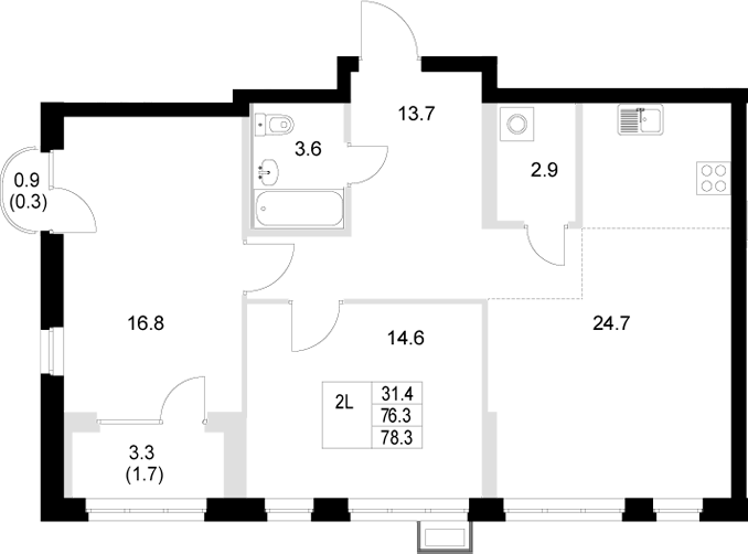 Планировка — Стадиум, 2-комн., 76 м²