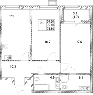 Планировка — Стадиум, 2-комн., 72 м²