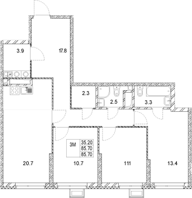 Планировка — Стадиум, 3-комн., 86 м²