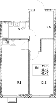 Планировка — Стадиум, 1-комн., 45 м²