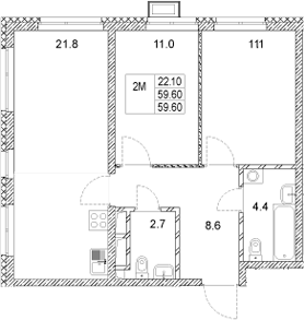Планировка — Стадиум, 2-комн., 60 м²