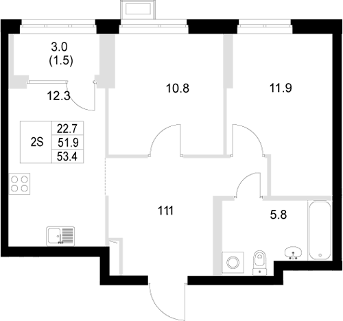 Планировка — Стадиум, 2-комн., 52 м²
