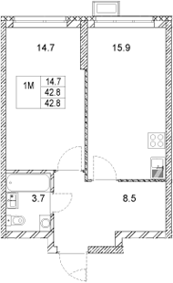 Планировка — Стадиум, 1-комн., 43 м²