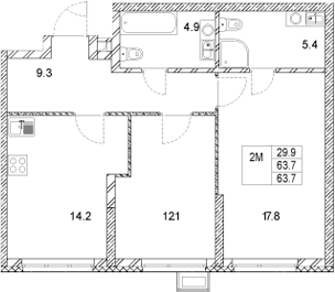 Планировка — Стадиум, 2-комн., 64 м²
