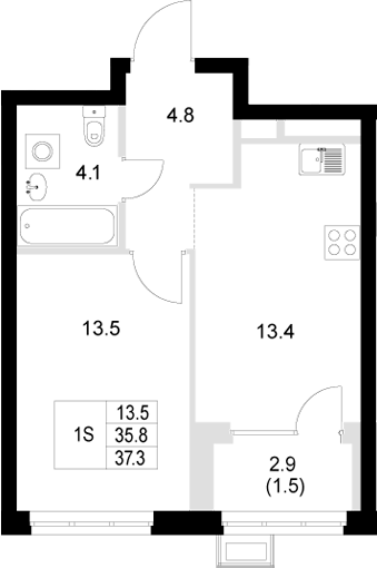 Планировка — Стадиум, 1-комн., 36 м²