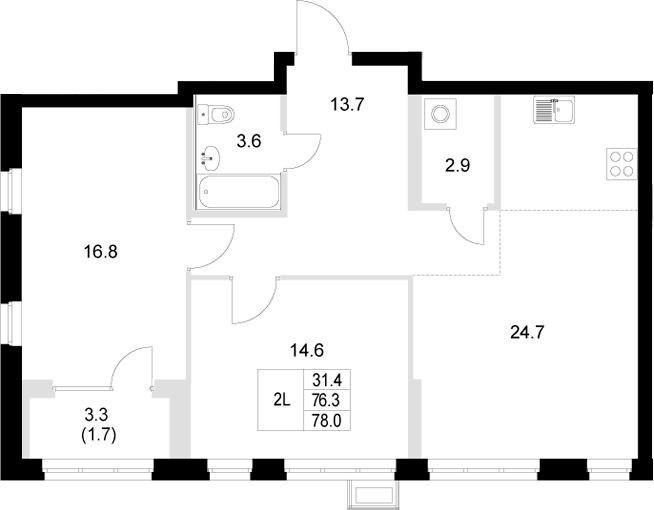 Планировка — Стадиум, 2-комн., 76 м²