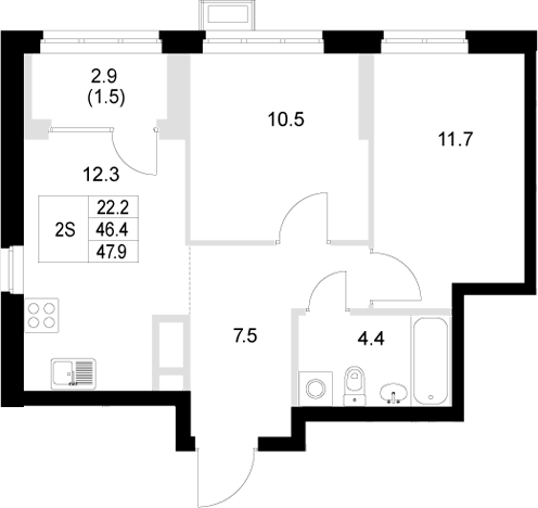 Планировка — Стадиум, 2-комн., 46 м²