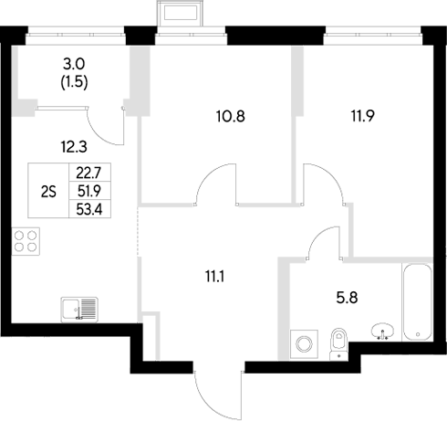 Планировка — Стадиум, 2-комн., 52 м²