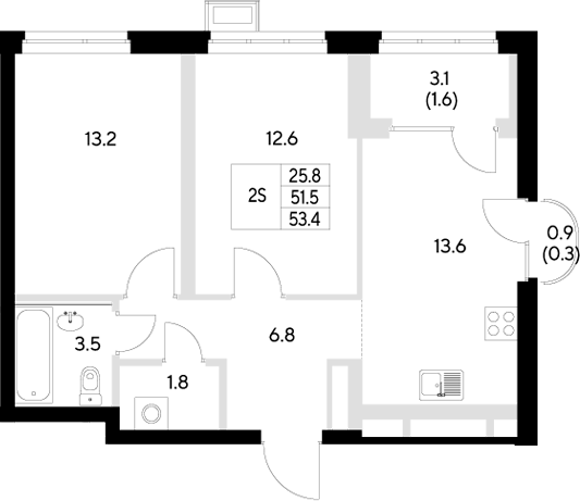 Планировка — Стадиум, 2-комн., 52 м²
