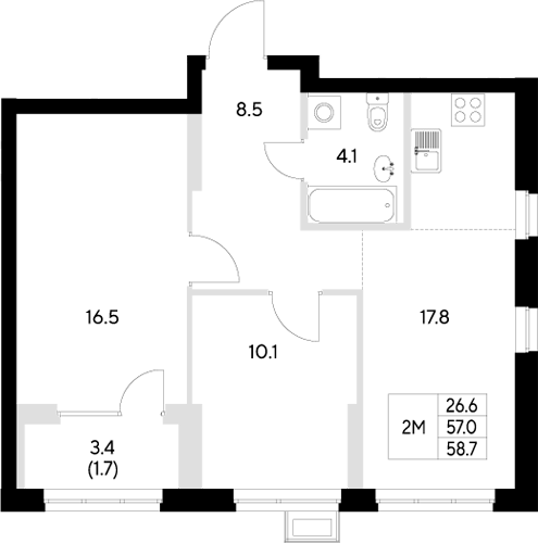 Планировка — Стадиум, 2-комн., 57 м²
