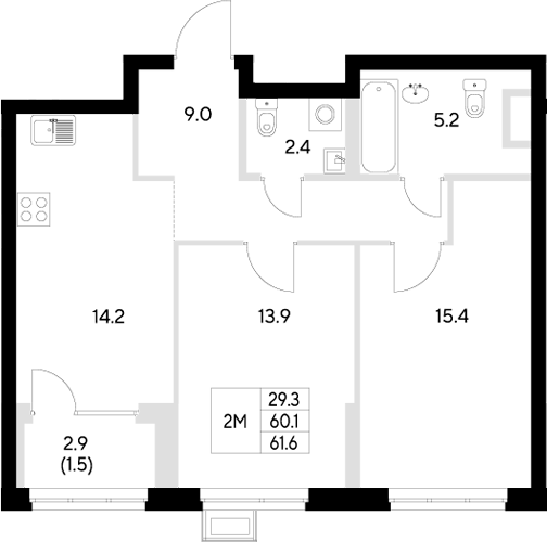 Планировка — Стадиум, 2-комн., 60 м²