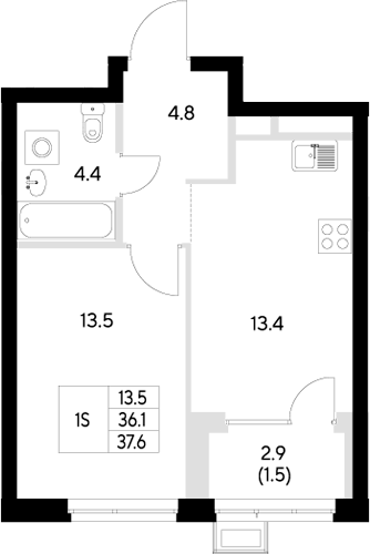 Планировка — Стадиум, 1-комн., 36 м²