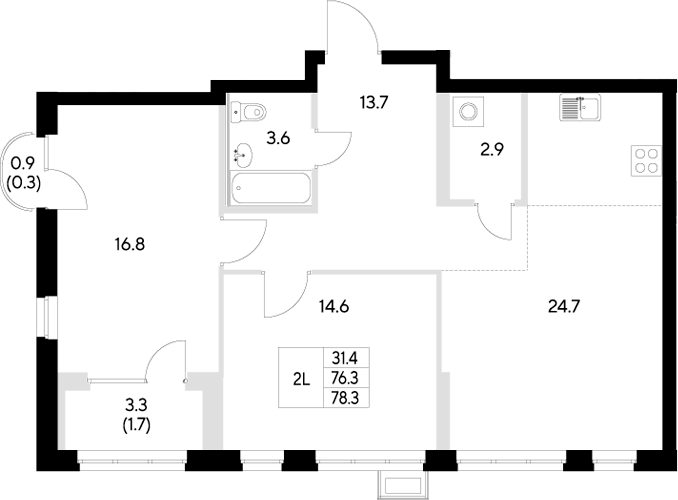 Планировка — Стадиум, 2-комн., 76 м²