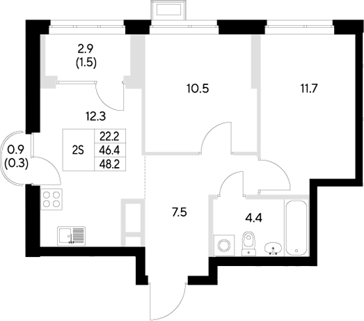 Планировка — Стадиум, 2-комн., 46 м²