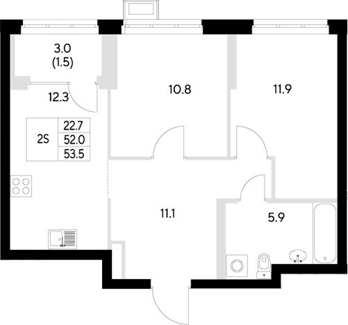 Планировка — Стадиум, 2-комн., 52 м²