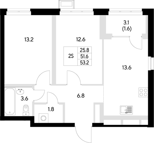 Планировка — Стадиум, 2-комн., 52 м²