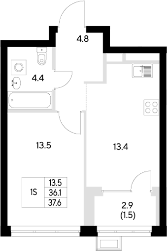 Планировка — Стадиум, 1-комн., 36 м²