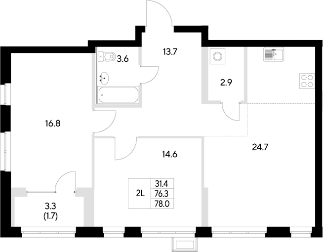 Планировка — Стадиум, 2-комн., 76 м²