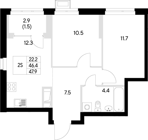 Планировка — Стадиум, 2-комн., 46 м²