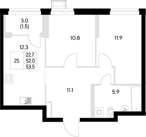 Планировка — Стадиум, 2-комн., 52 м²