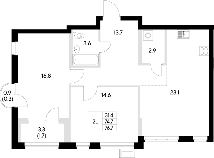 Планировка — Стадиум, 2-комн., 75 м²