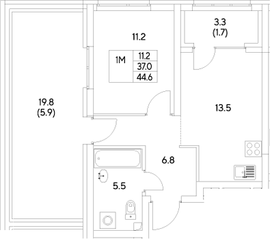 Планировка — Стадиум, 1-комн., 37 м²