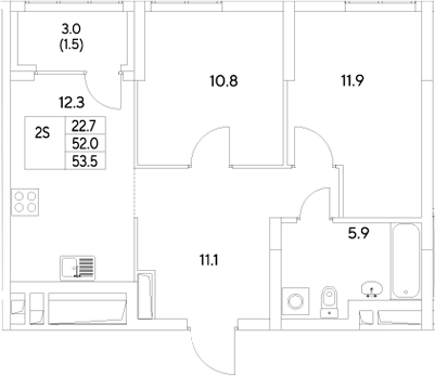 Планировка — Стадиум, 2-комн., 52 м²