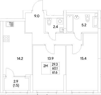 Планировка — Стадиум, 2-комн., 60 м²