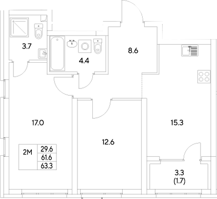 Планировка — Стадиум, 2-комн., 62 м²