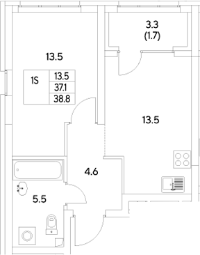 Планировка — Стадиум, 1-комн., 37 м²