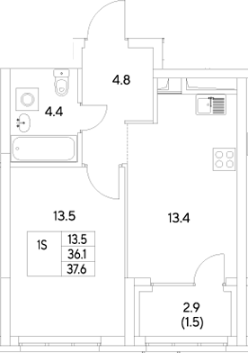 Планировка — Стадиум, 1-комн., 36 м²