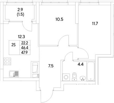 Планировка — Стадиум, 2-комн., 46 м²