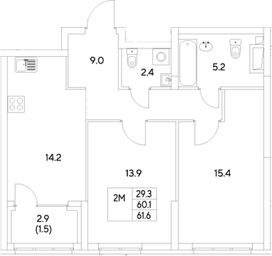 Планировка — Стадиум, 2-комн., 60 м²