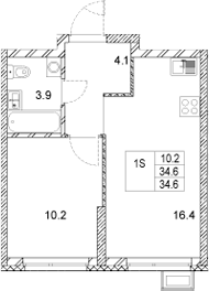 Планировка — Стадиум, 1-комн., 35 м²