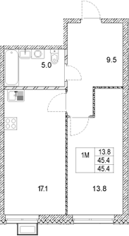 Планировка — Стадиум, 1-комн., 45 м²